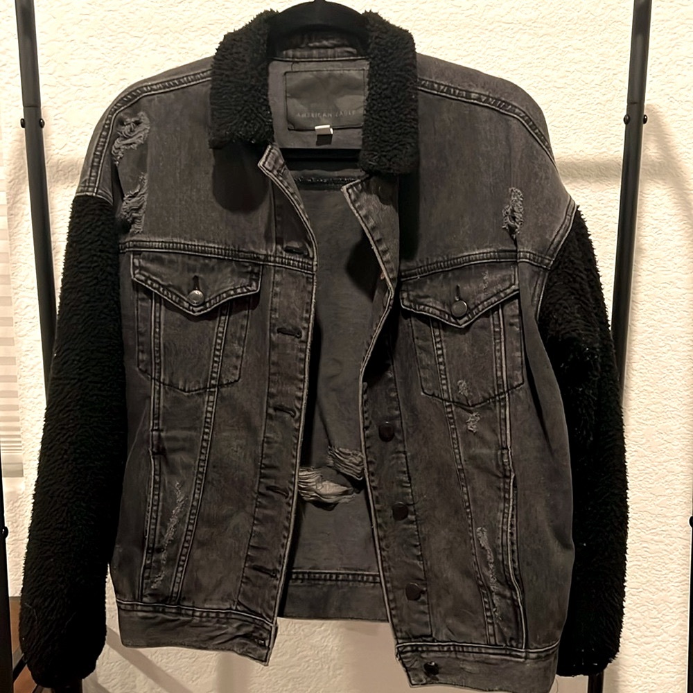 American Eagle Ripped Jean Jacket with Sherpa Sleeves
